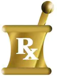 A gold mortar and pestle with the word rx written on it.