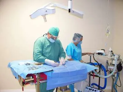 Two doctors in a room with surgical equipment.